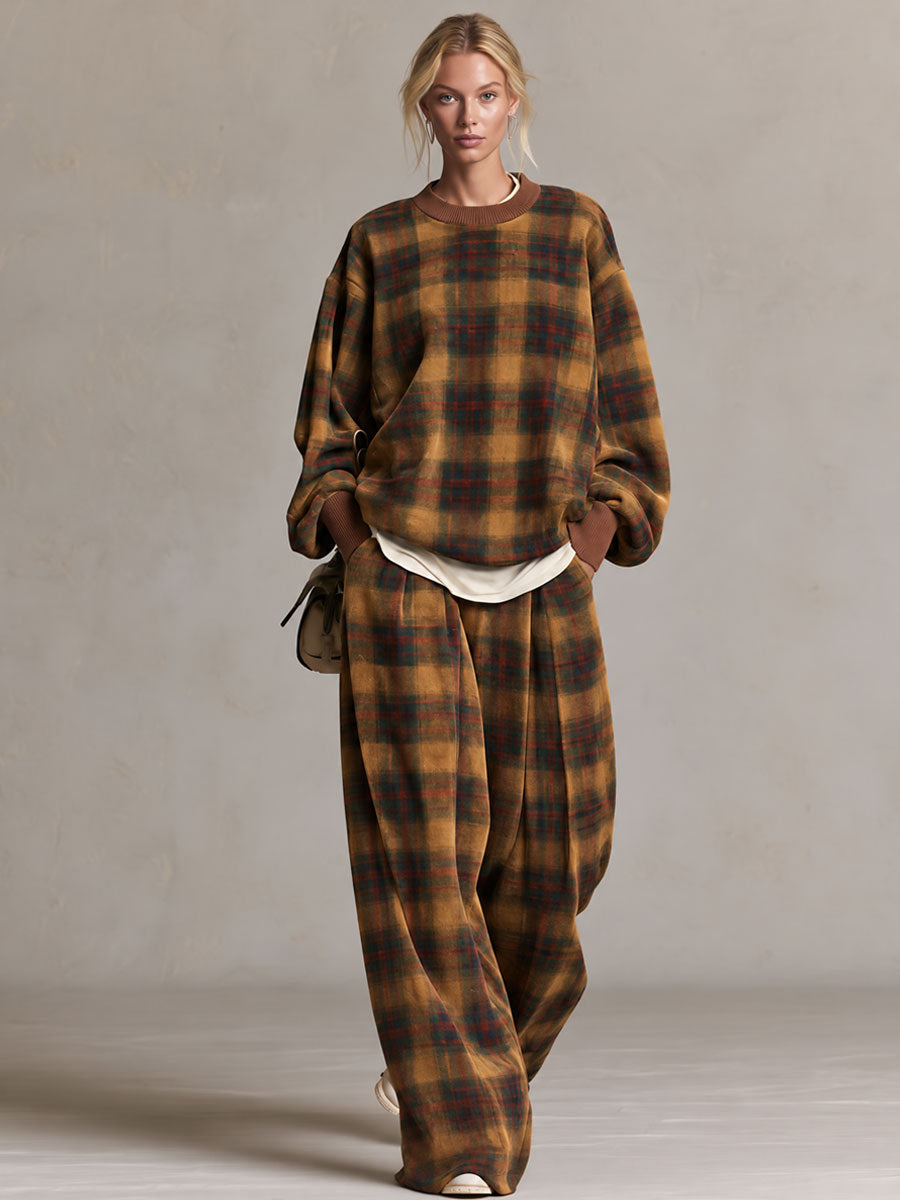 Bianca-Lottie | Women's Plaid Sweatshirt & Wide-Leg Pants Set