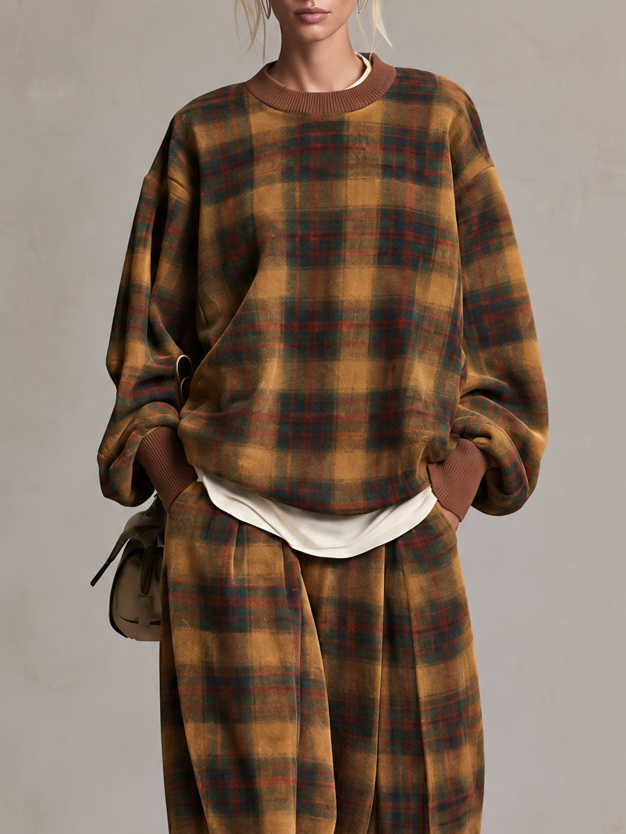 Bianca-Lottie | Women's Plaid Sweatshirt & Wide-Leg Pants Set