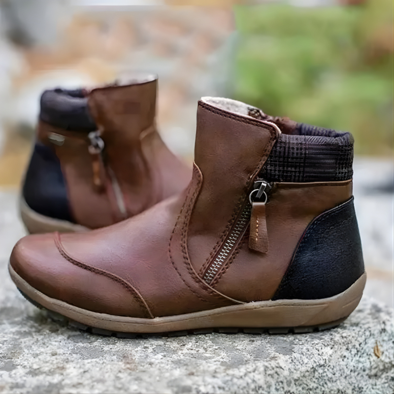 Mabel-Ruth | Women's Plaid-Trim Leather Ankle Boots