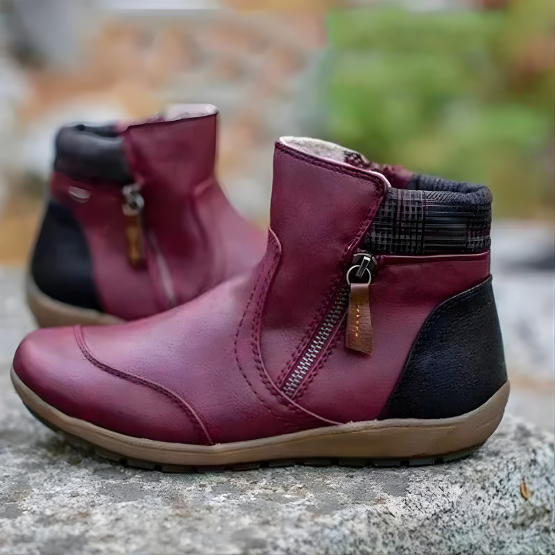 Mabel-Ruth | Women's Plaid-Trim Leather Ankle Boots