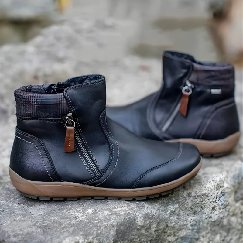 Mabel-Ruth | Women's Plaid-Trim Leather Ankle Boots