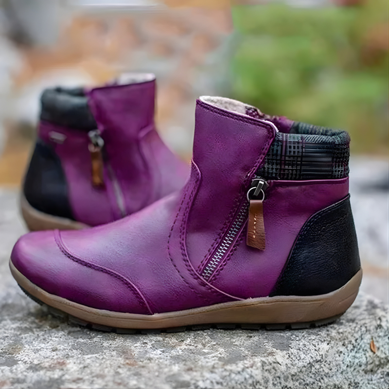 Mabel-Ruth | Women's Plaid-Trim Leather Ankle Boots