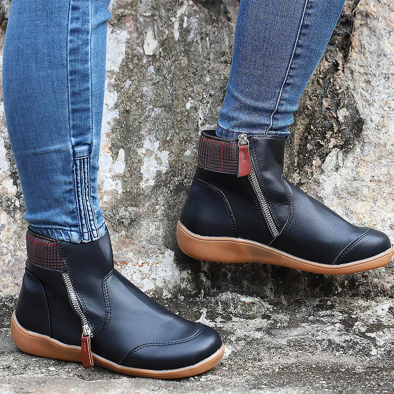 Mabel-Ruth | Women's Plaid-Trim Leather Ankle Boots