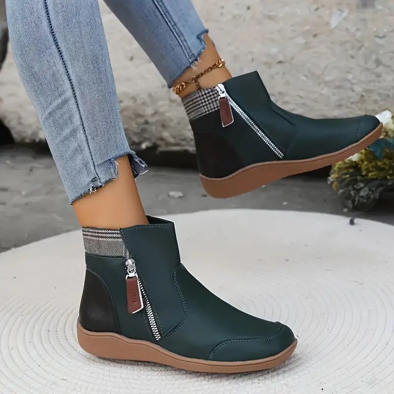 Mabel-Ruth | Women's Plaid-Trim Leather Ankle Boots