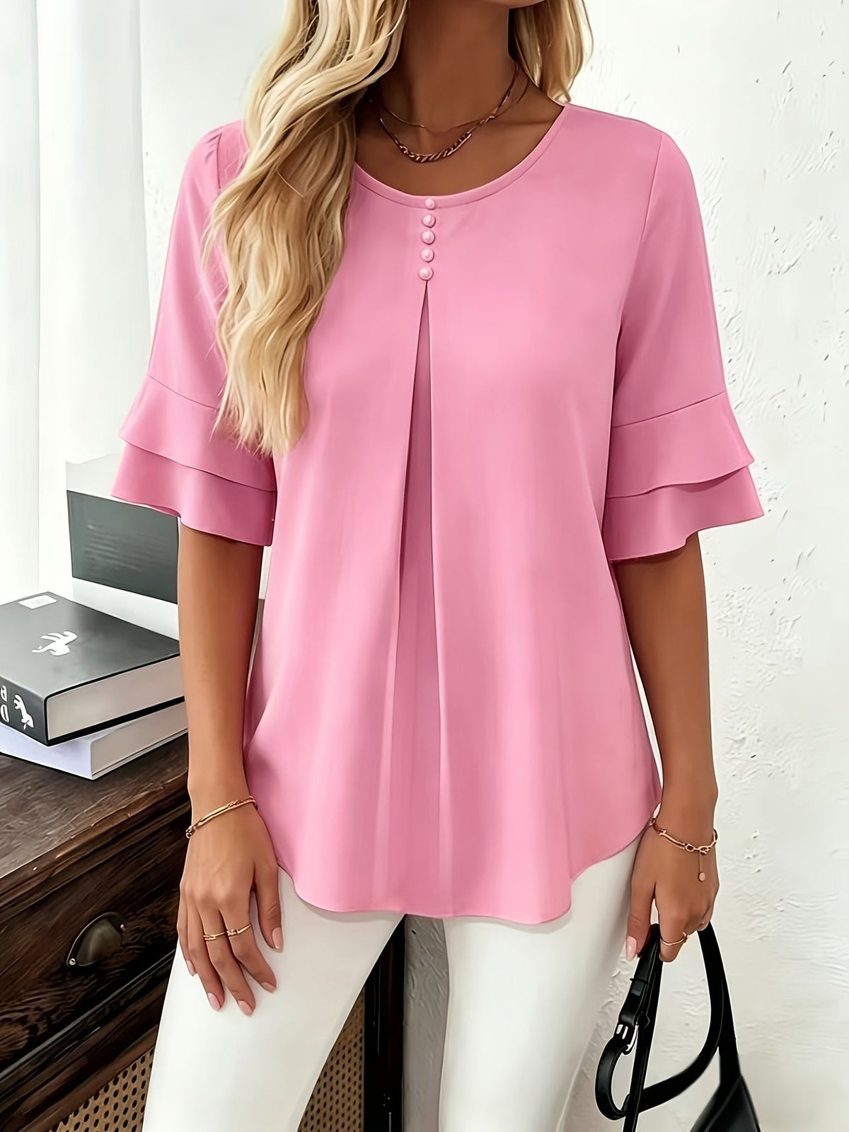 Olive | Women's Pleated Chiffon Tunic Blouse