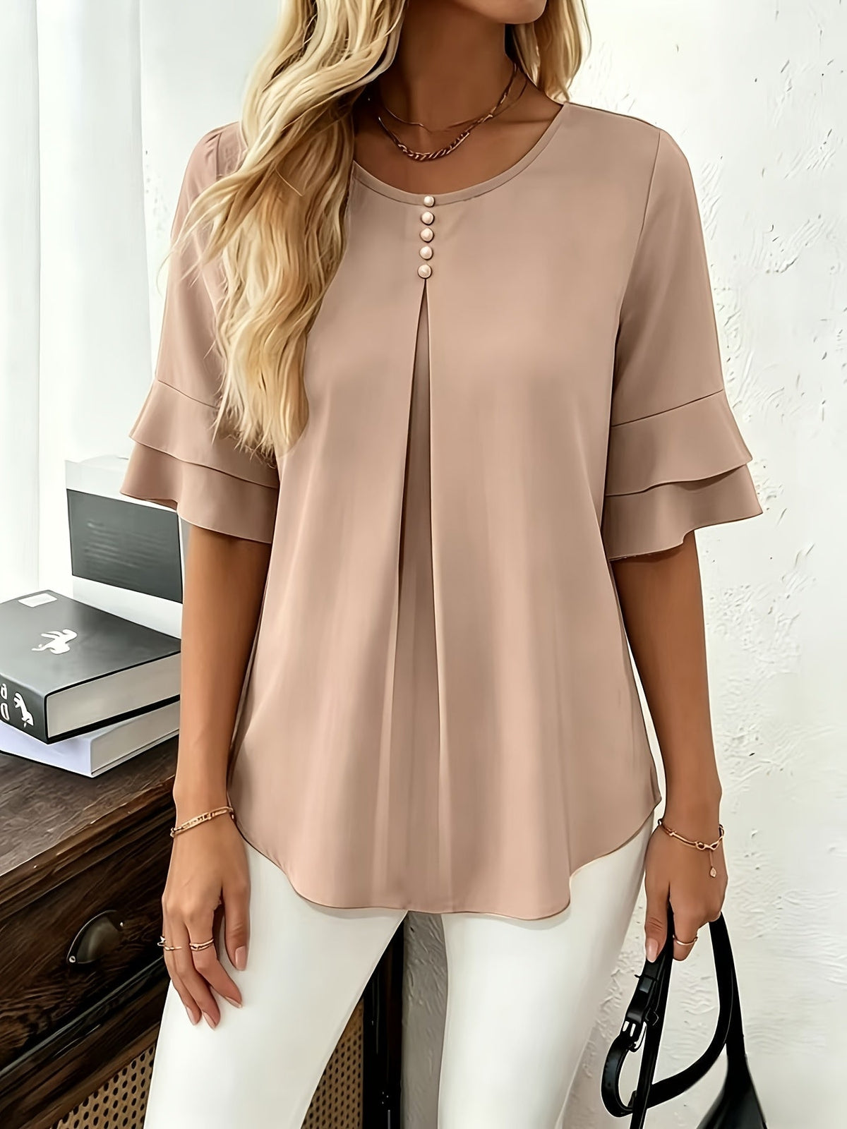 Olive | Women's Pleated Chiffon Tunic Blouse