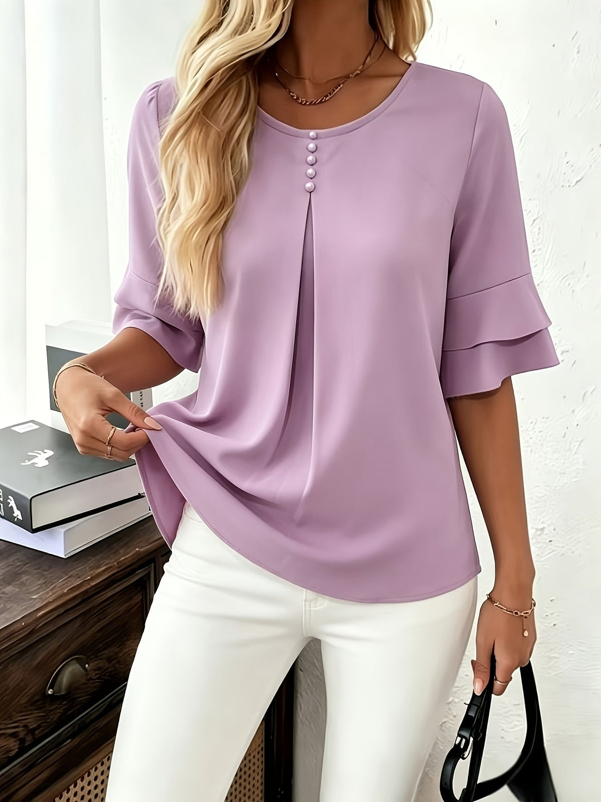 Olive | Women's Pleated Chiffon Tunic Blouse