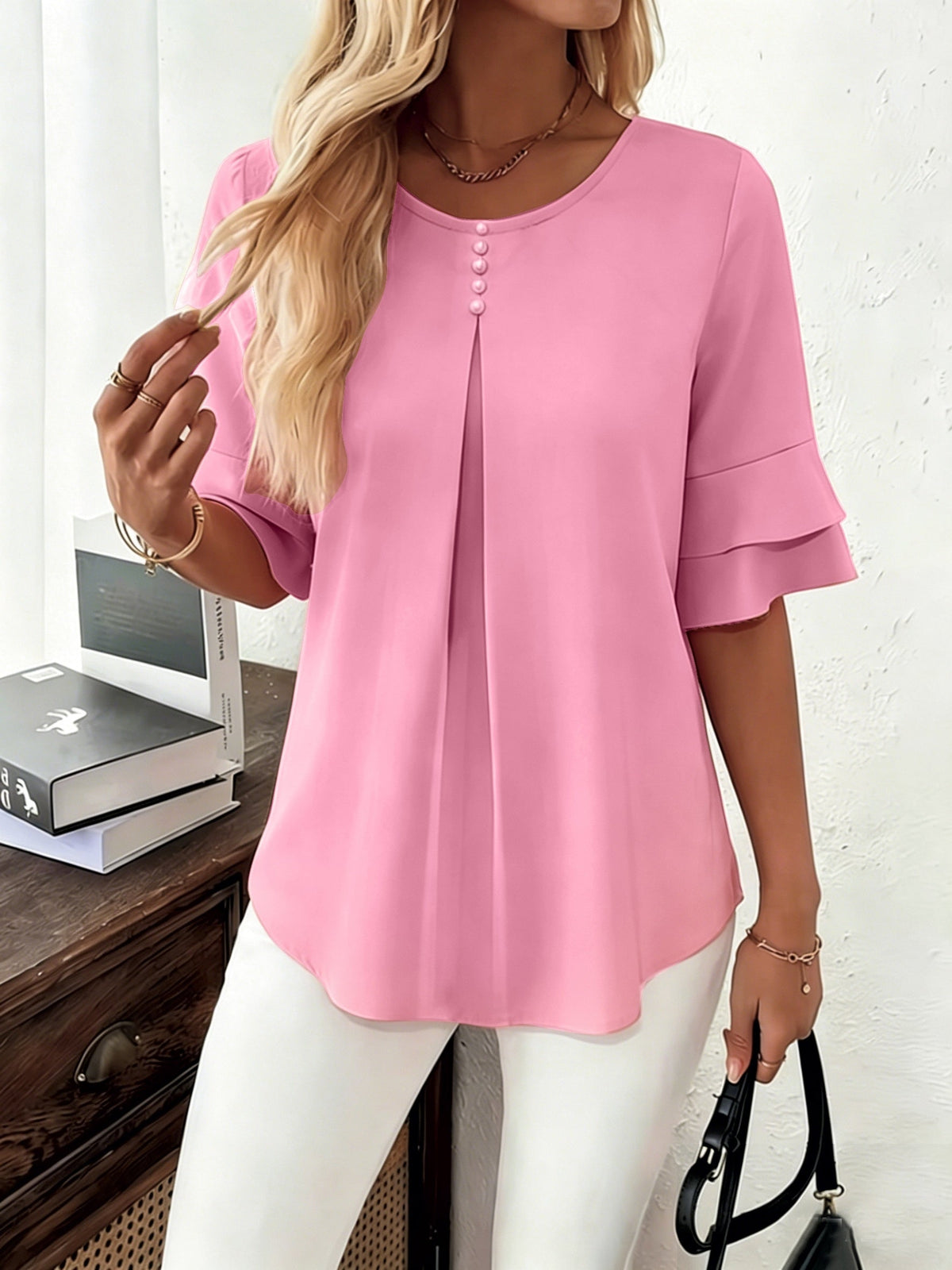 Olive | Women's Pleated Chiffon Tunic Blouse
