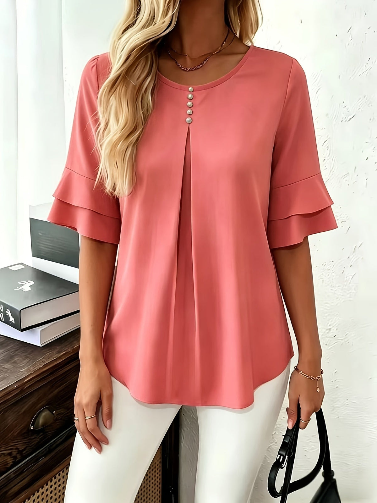 Olive | Women's Pleated Chiffon Tunic Blouse