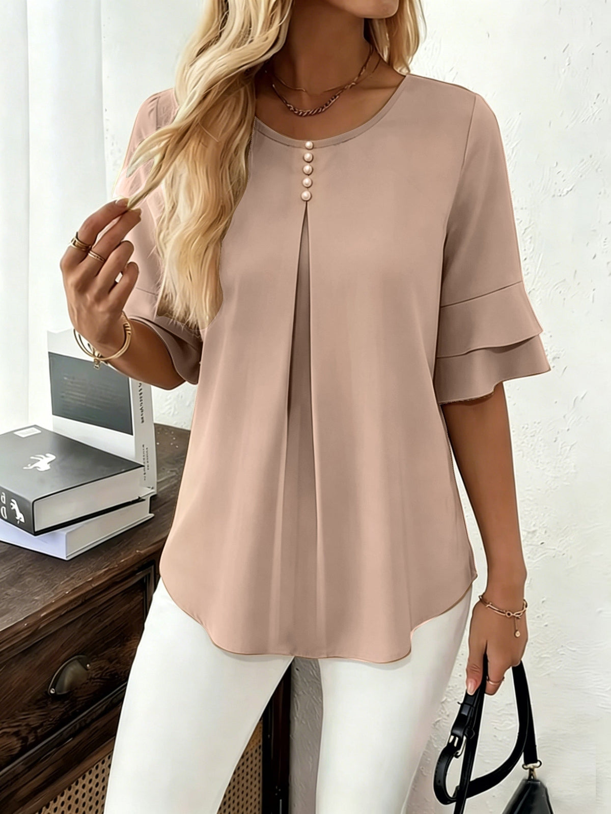 Olive | Women's Pleated Chiffon Tunic Blouse