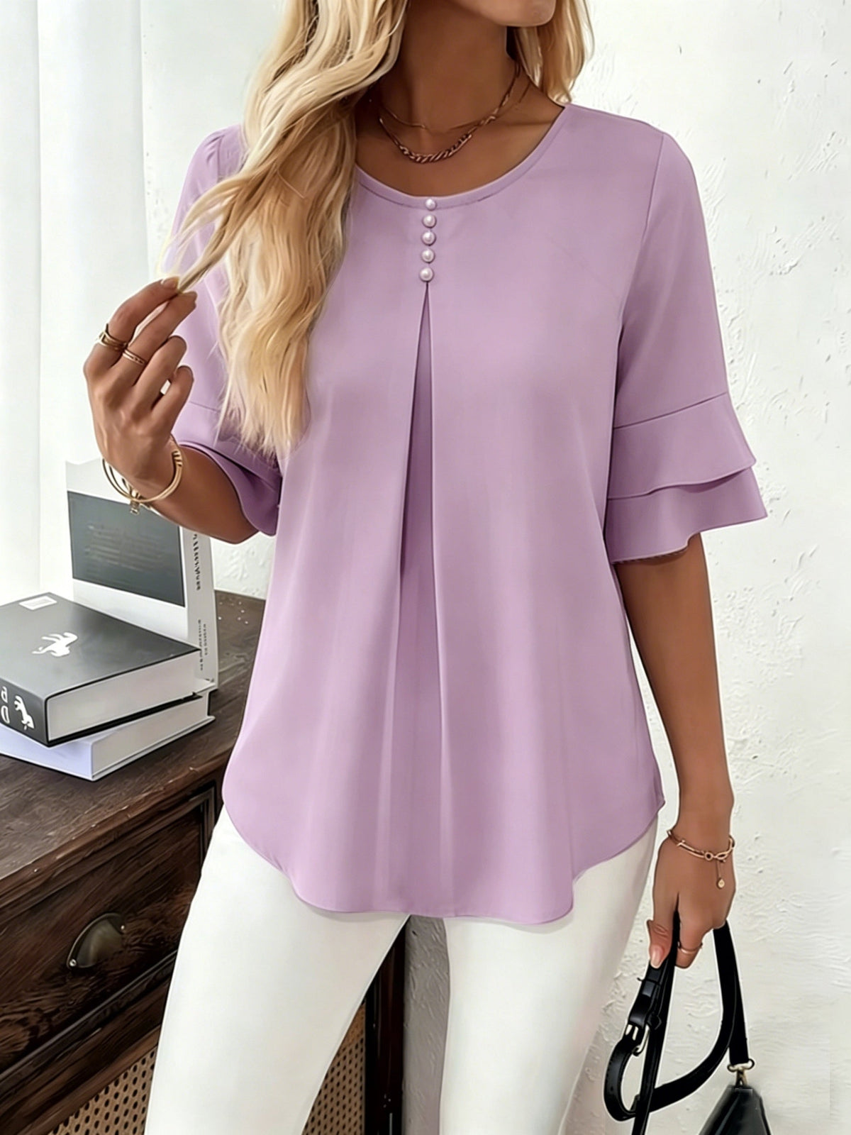 Olive | Women's Pleated Chiffon Tunic Blouse