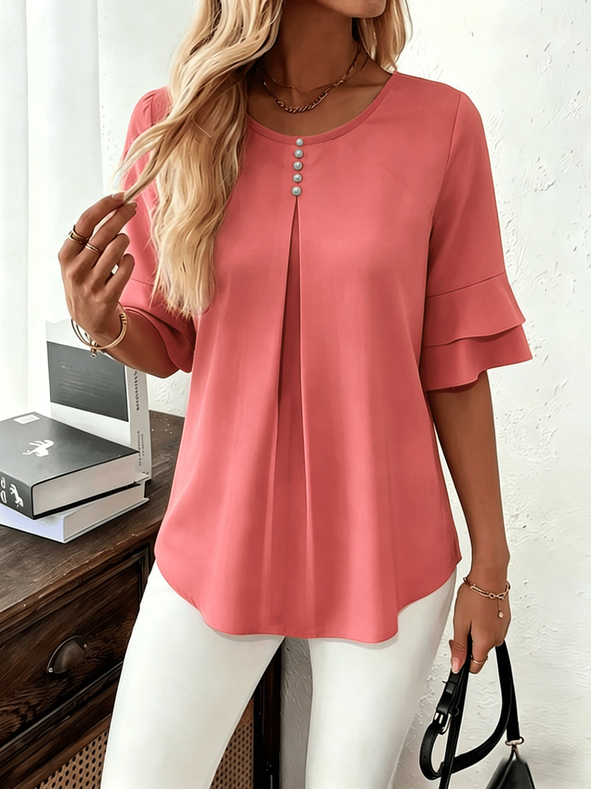 Olive | Women's Pleated Chiffon Tunic Blouse