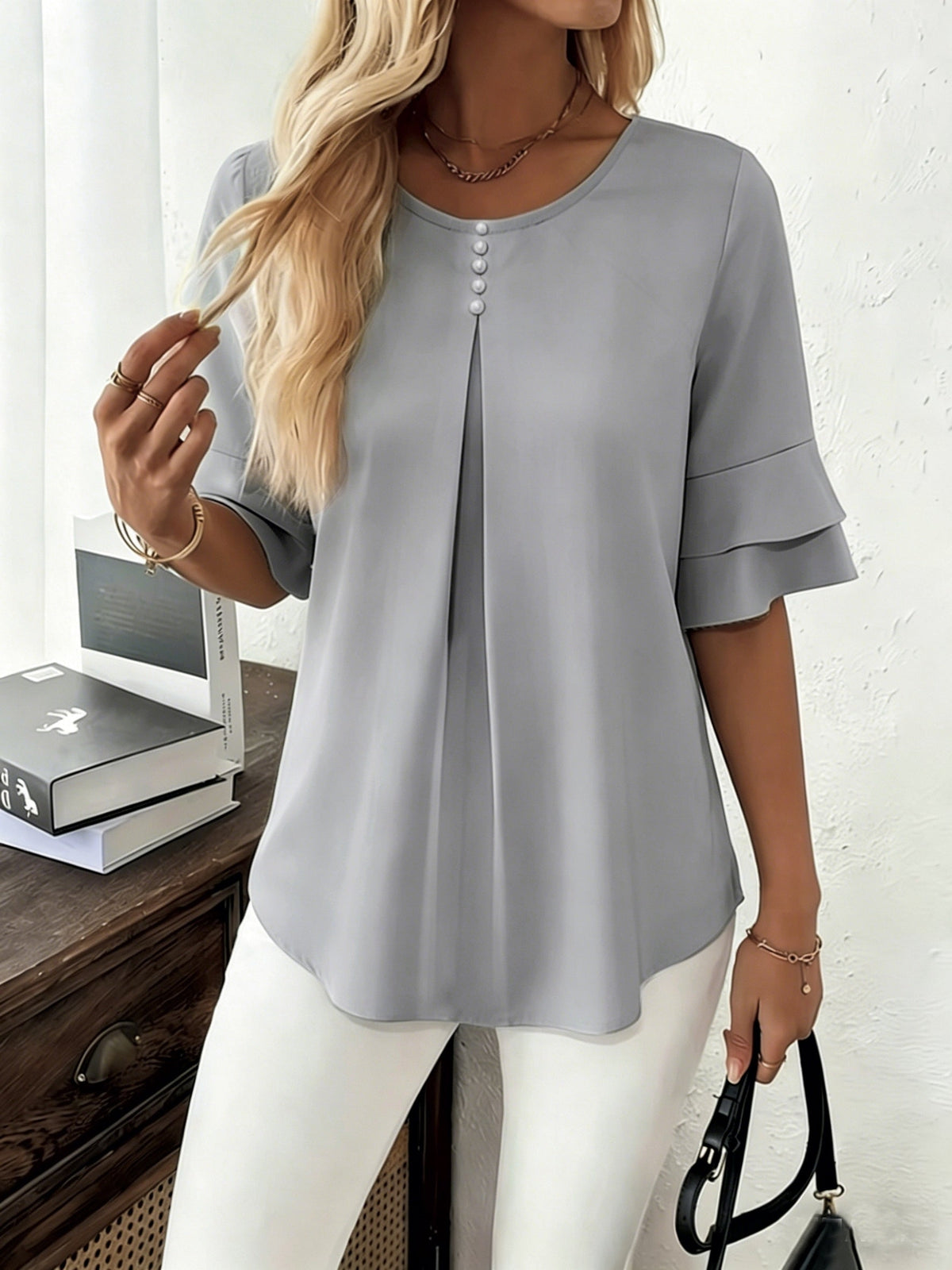 Olive | Women's Pleated Chiffon Tunic Blouse