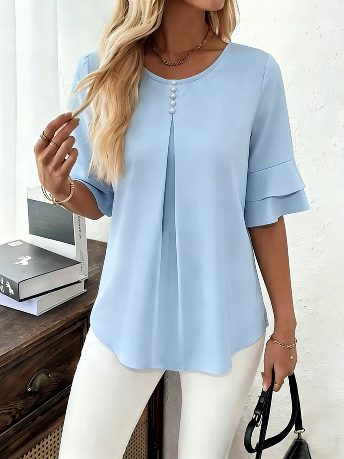 Olive | Women's Pleated Chiffon Tunic Blouse