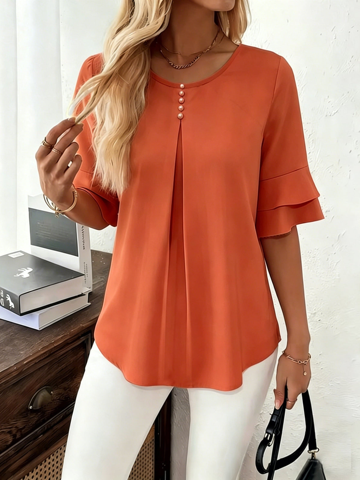 Olive | Women's Pleated Chiffon Tunic Blouse