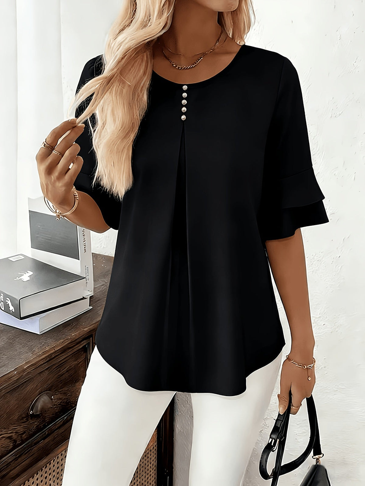 Olive | Women's Pleated Chiffon Tunic Blouse