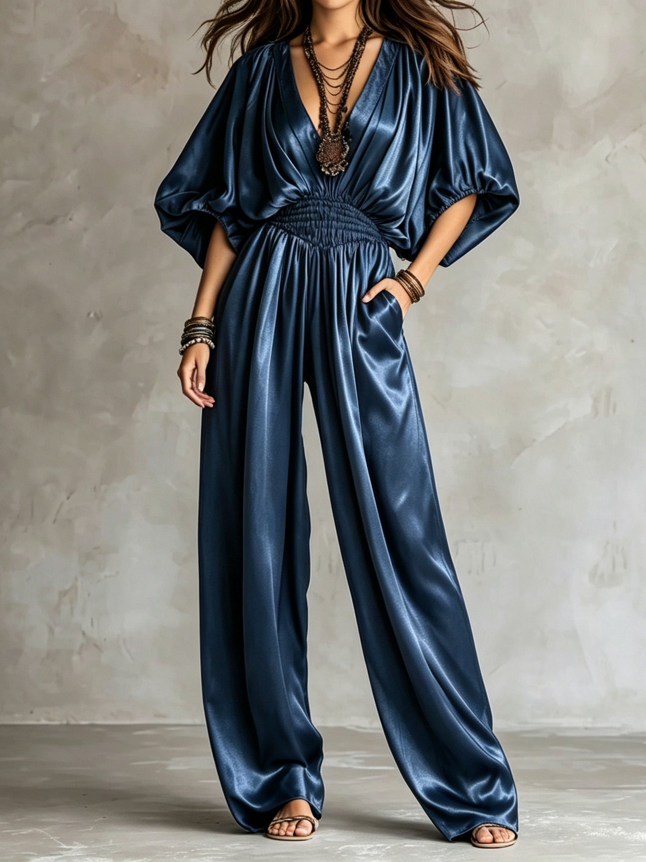 Rhea-Louisa | Women's Pleated Satin Wide-Leg Jumpsuit