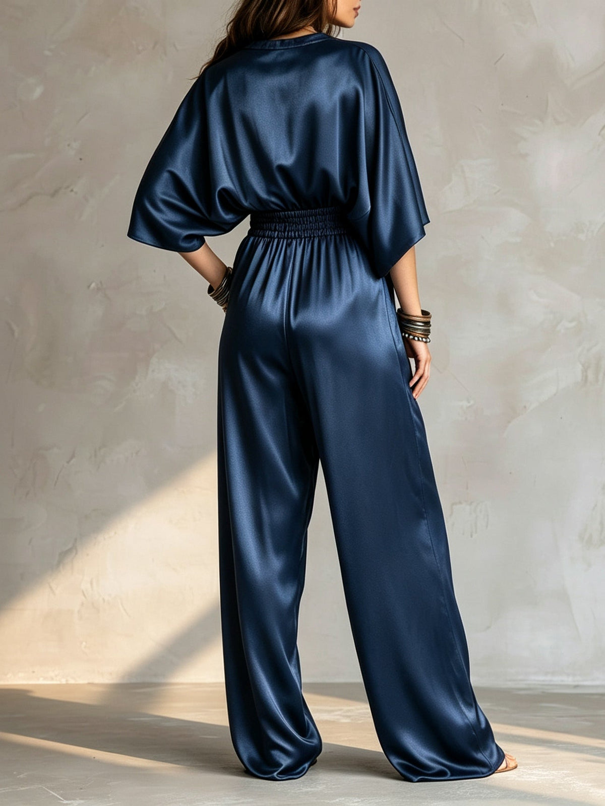 Rhea-Louisa | Women's Pleated Satin Wide-Leg Jumpsuit