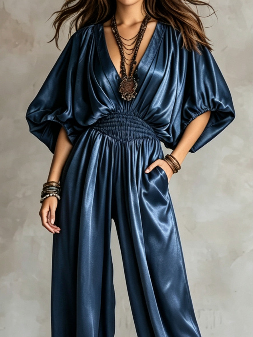 Rhea-Louisa | Women's Pleated Satin Wide-Leg Jumpsuit