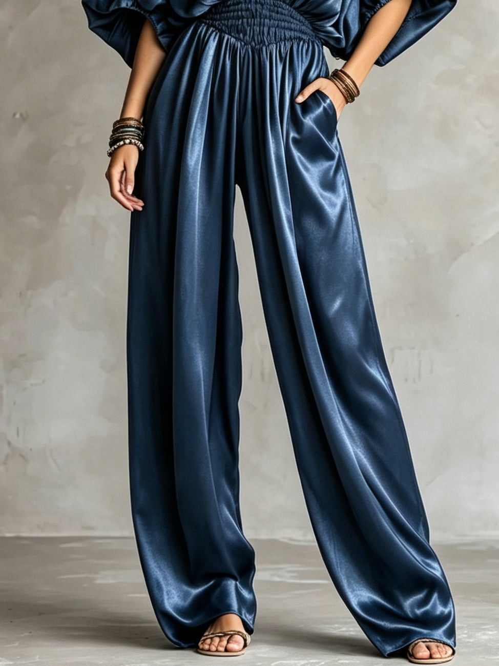 Rhea-Louisa | Women's Pleated Satin Wide-Leg Jumpsuit