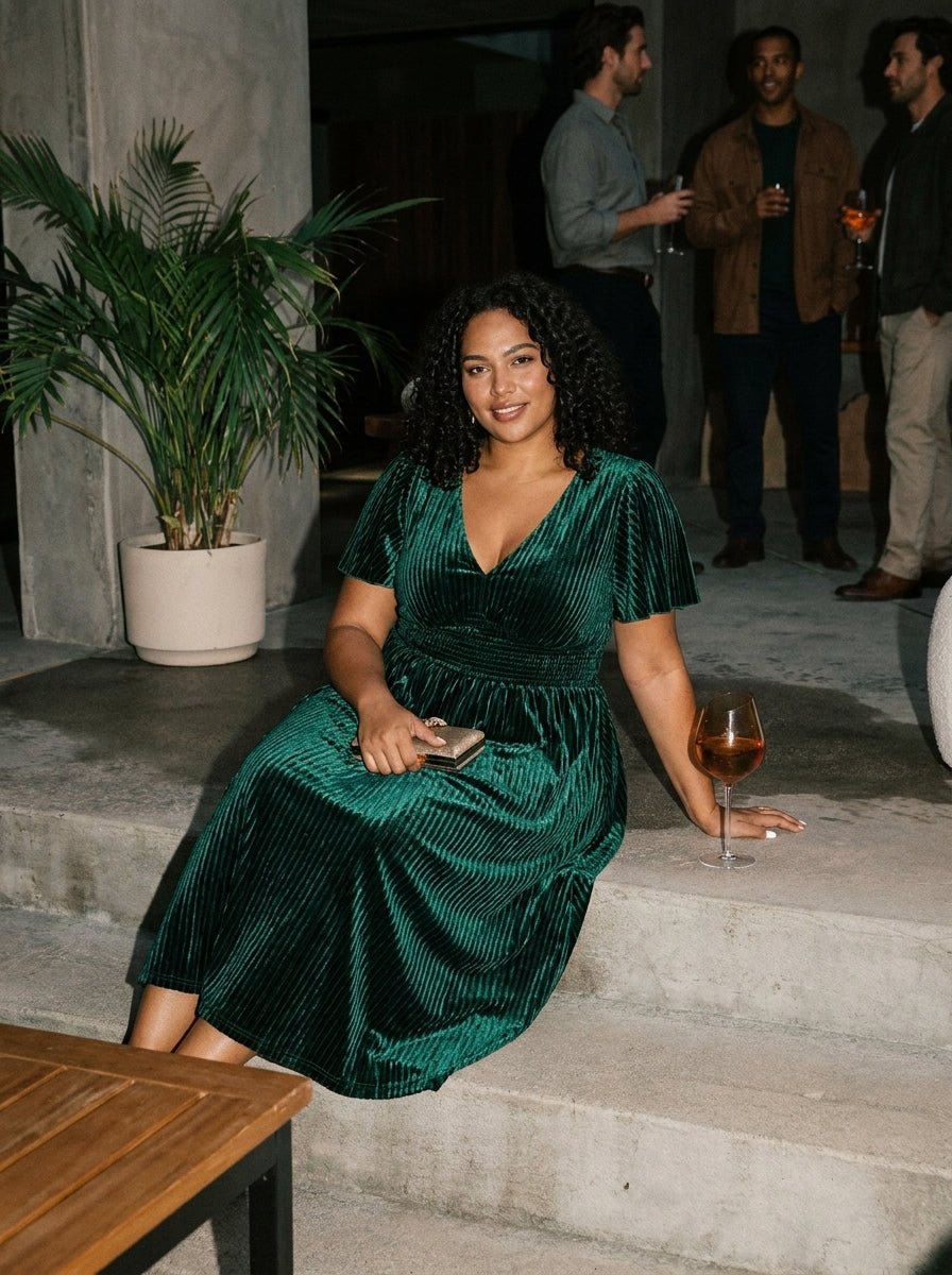 Priscilla-Georgia | Women's Plus Size Pleated Velvet Midi Dress