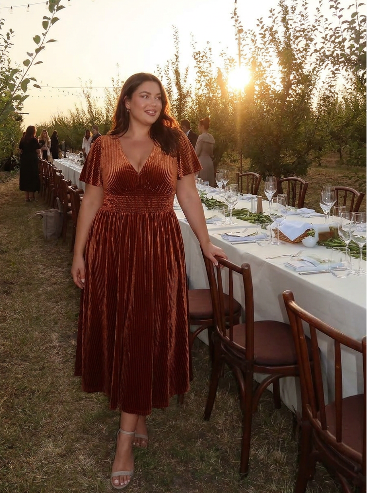 Priscilla-Georgia | Women's Plus Size Pleated Velvet Midi Dress
