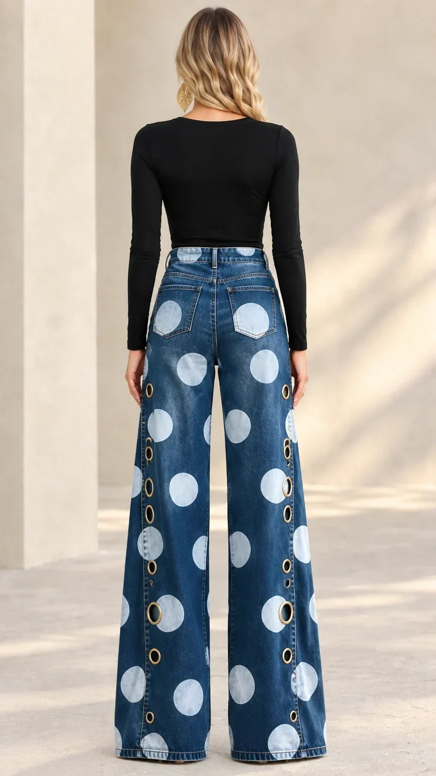 Vera-Juliet | Women's Polka Dot Wide Leg Flared Jeans