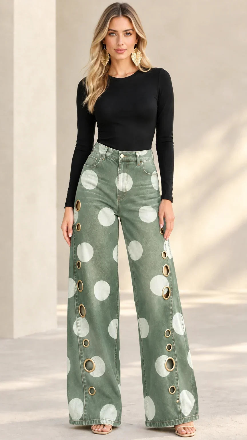 Vera-Juliet | Women's Polka Dot Wide Leg Flared Jeans