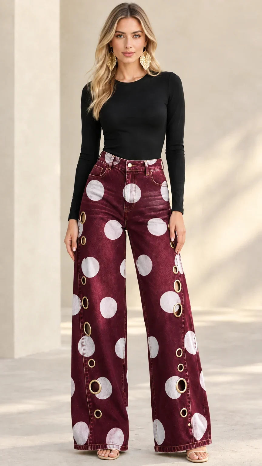 Vera-Juliet | Women's Polka Dot Wide Leg Flared Jeans
