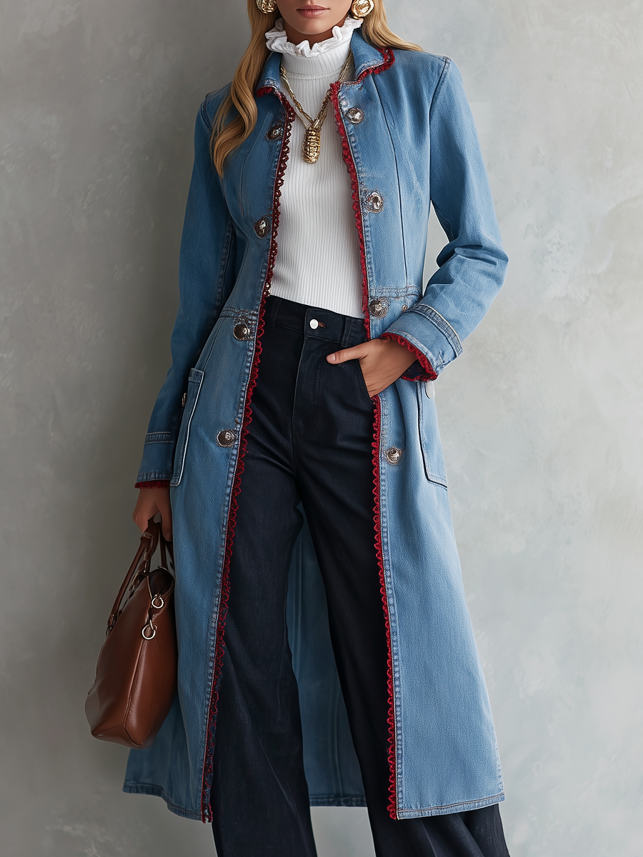 Flora-Teresa | Women's Red-Trim Denim Duster Trench Coat