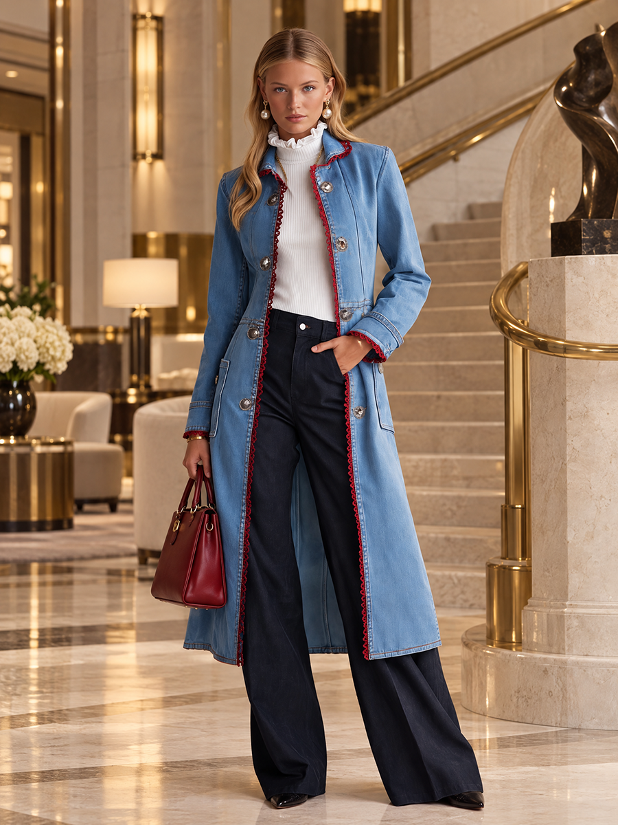 Flora-Teresa | Women's Red-Trim Denim Duster Trench Coat