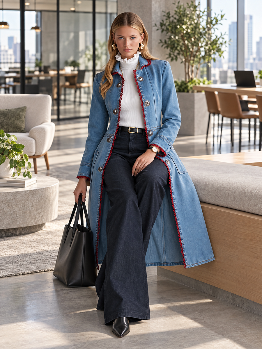 Flora-Teresa | Women's Red-Trim Denim Duster Trench Coat