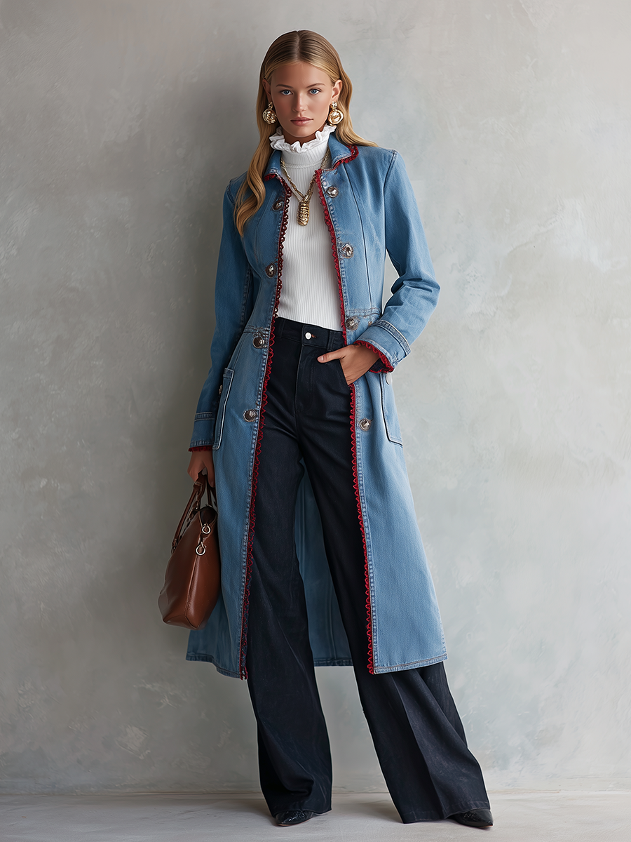 Flora-Teresa | Women's Red-Trim Denim Duster Trench Coat