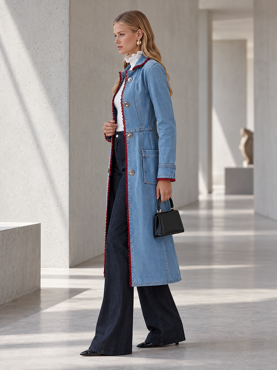 Flora-Teresa | Women's Red-Trim Denim Duster Trench Coat