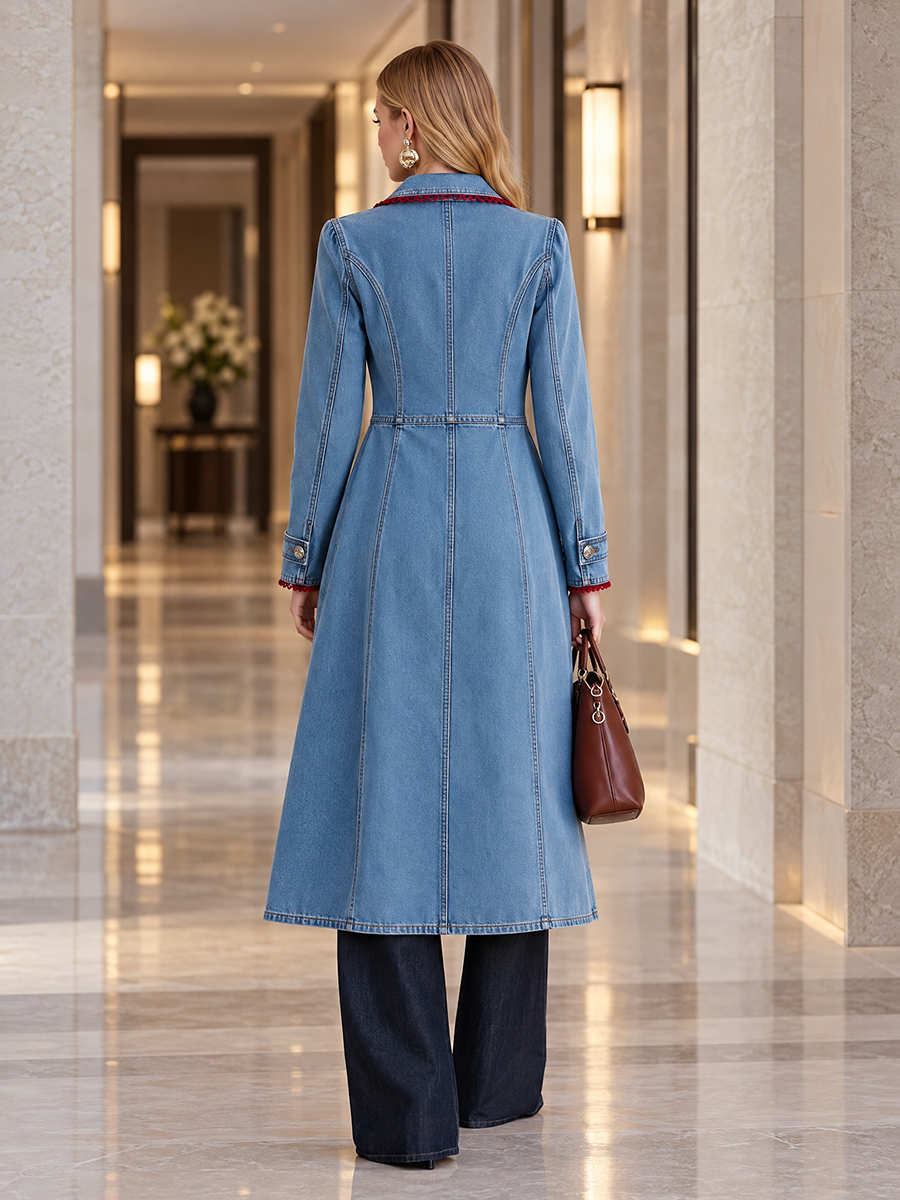 Flora-Teresa | Women's Red-Trim Denim Duster Trench Coat