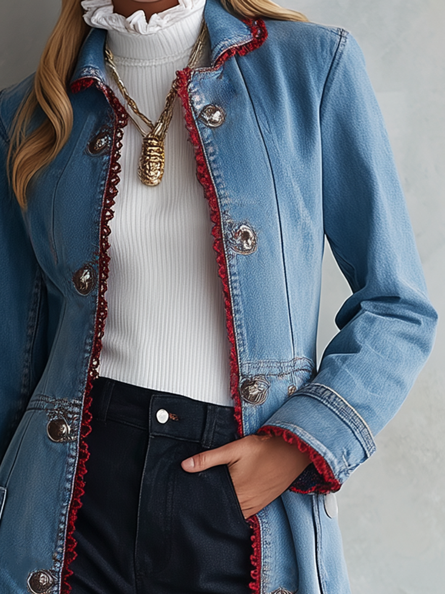 Flora-Teresa | Women's Red-Trim Denim Duster Trench Coat