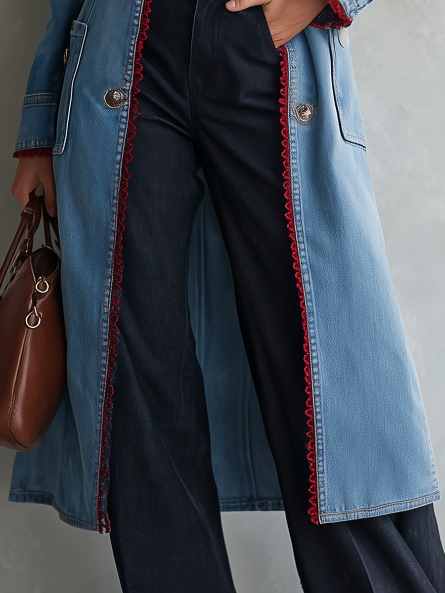 Flora-Teresa | Women's Red-Trim Denim Duster Trench Coat