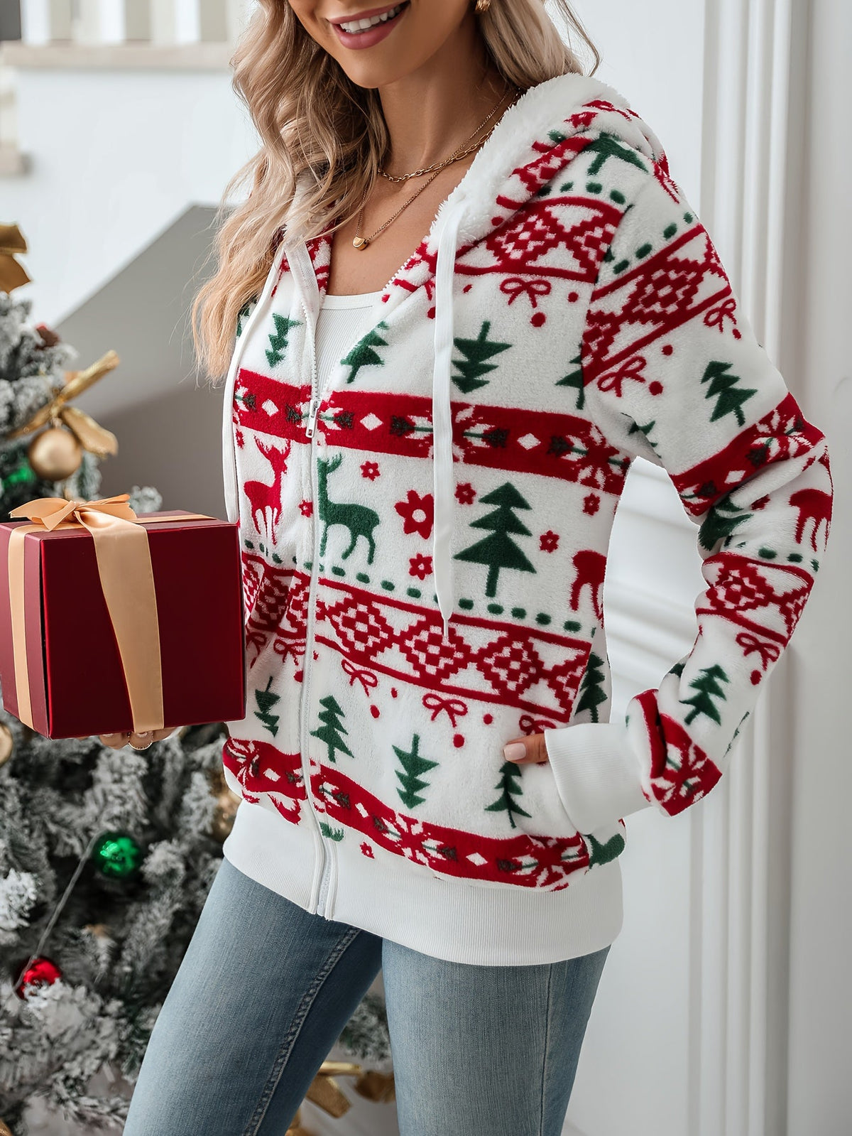 Yvonne | Women's Reindeer Print Zip Hoodie