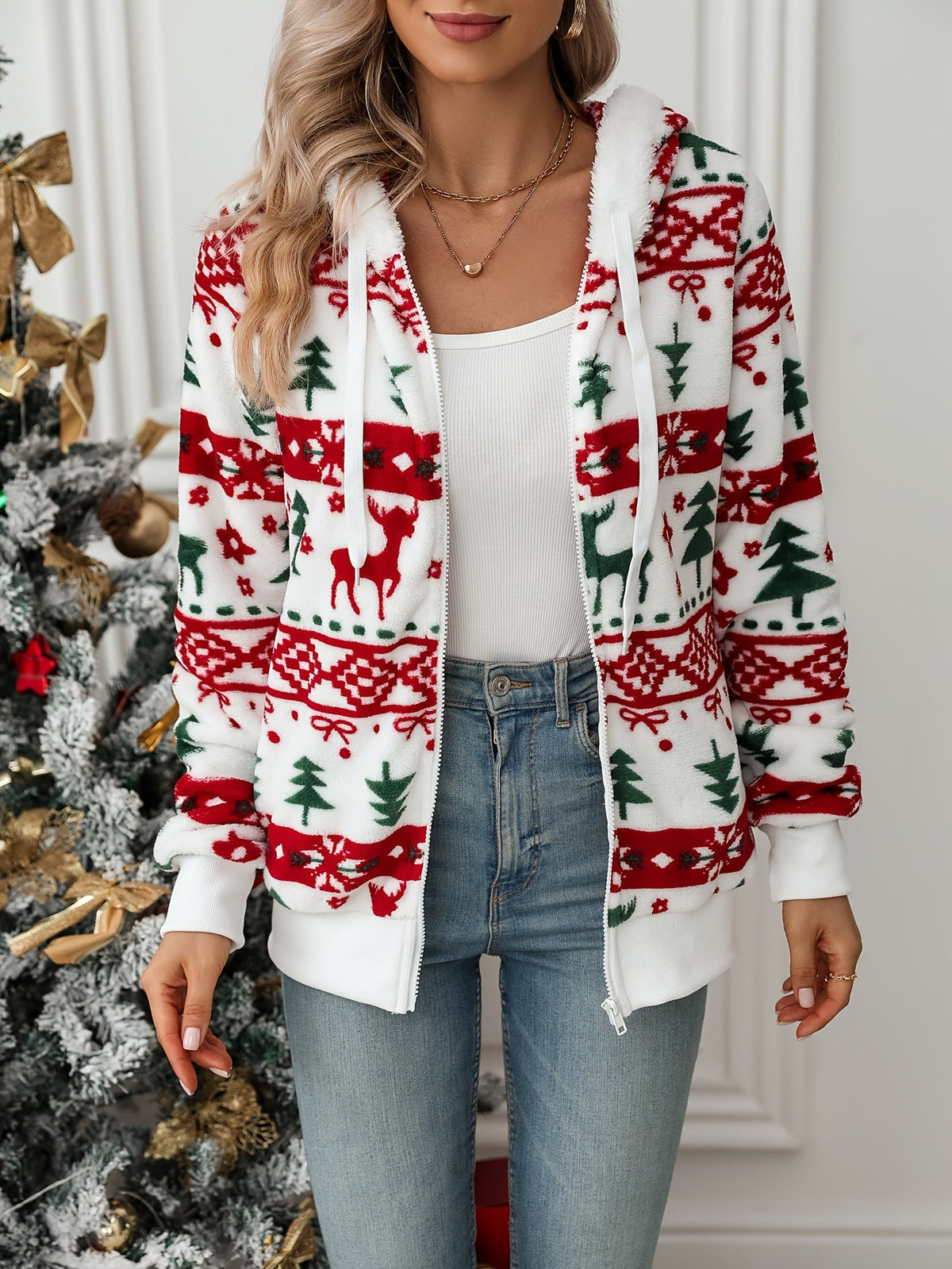 Yvonne | Women's Reindeer Print Zip Hoodie
