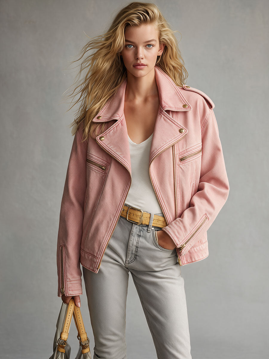 Rosemary | Women's Retro Pink Collared Zip-Up Denim Jacket