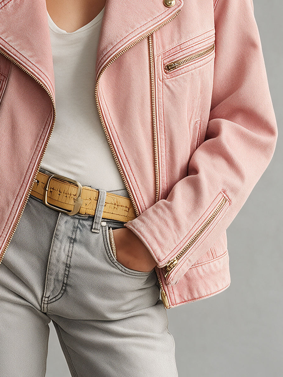 Rosemary | Women's Retro Pink Collared Zip-Up Denim Jacket