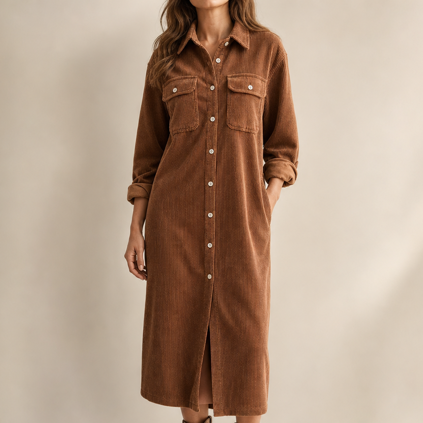 Lavinia | Women's Ribbed Corduroy Button-Front Shirt Dress
