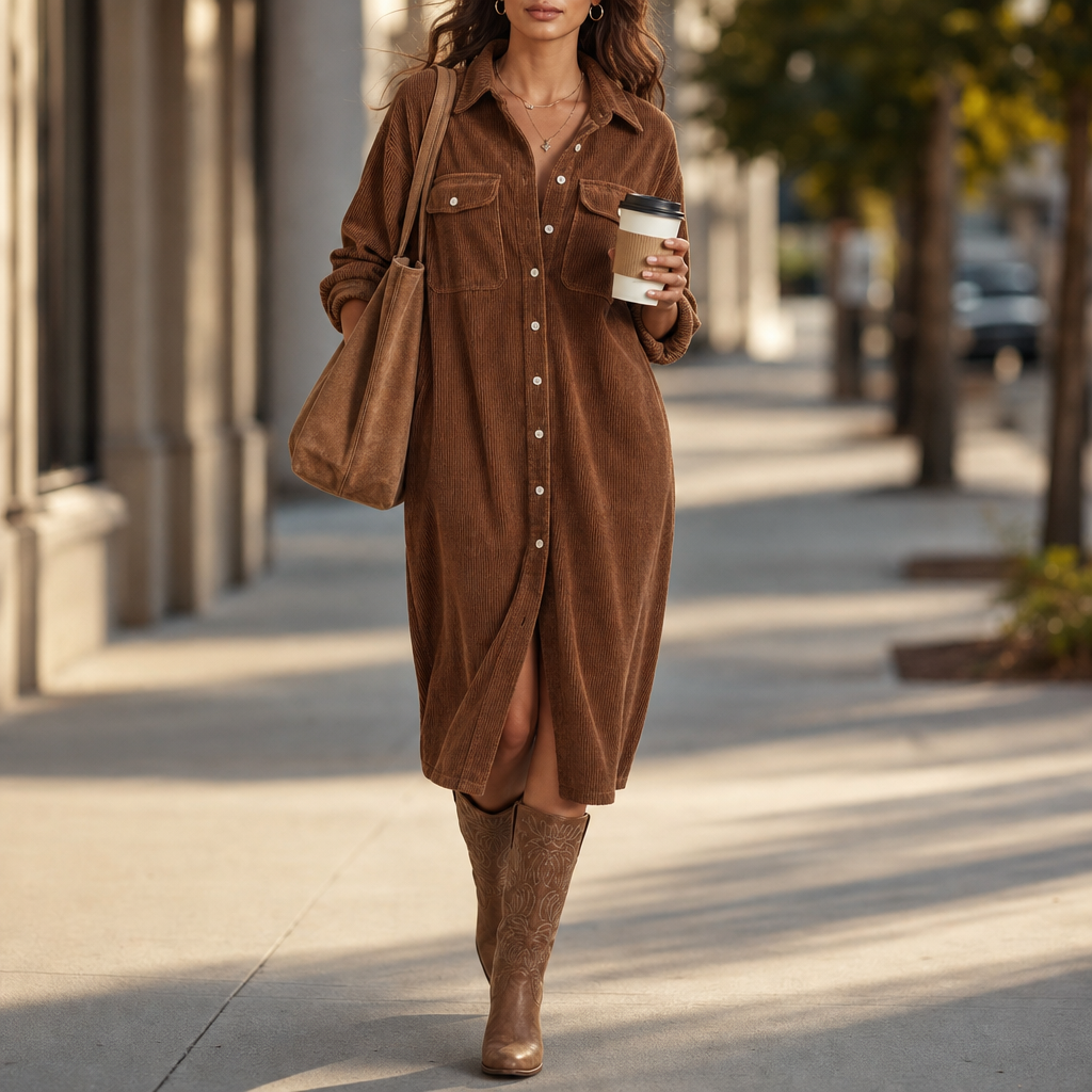 Lavinia | Women's Ribbed Corduroy Button-Front Shirt Dress