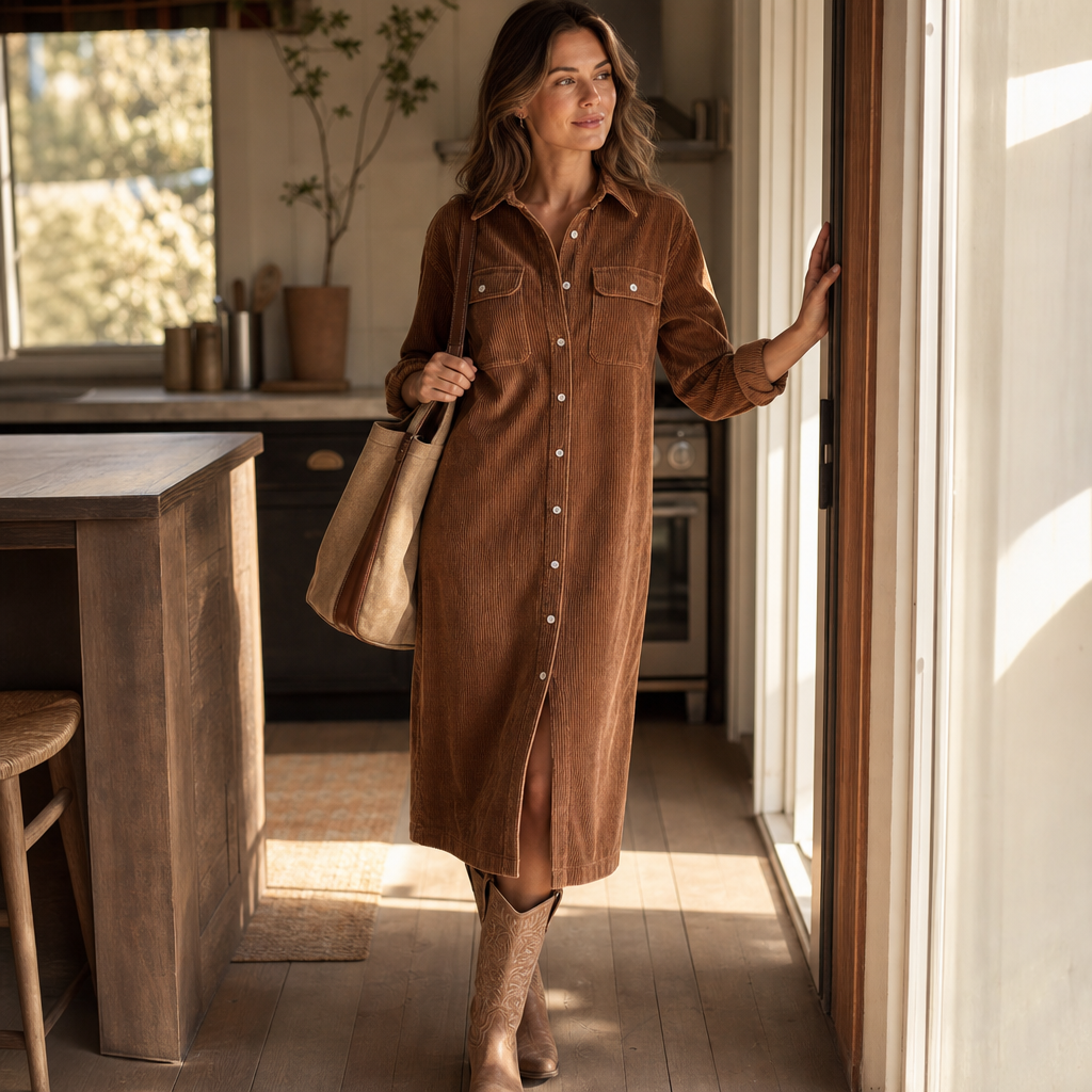 Lavinia | Women's Ribbed Corduroy Button-Front Shirt Dress