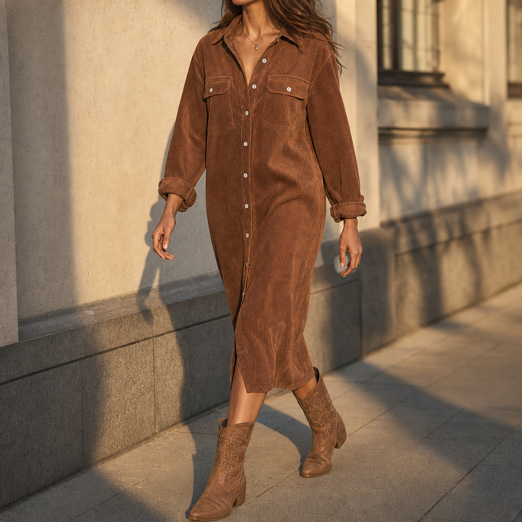 Lavinia | Women's Ribbed Corduroy Button-Front Shirt Dress
