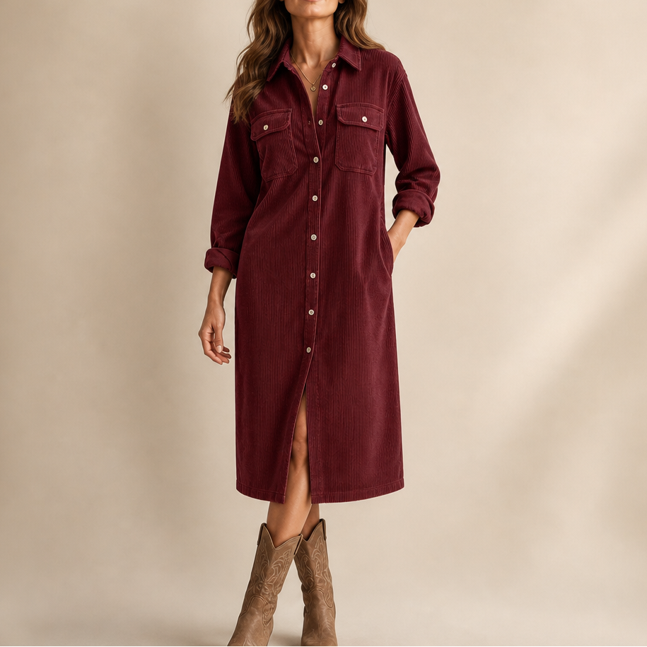 Lavinia | Women's Ribbed Corduroy Button-Front Shirt Dress