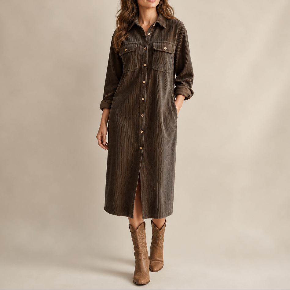 Lavinia | Women's Ribbed Corduroy Button-Front Shirt Dress