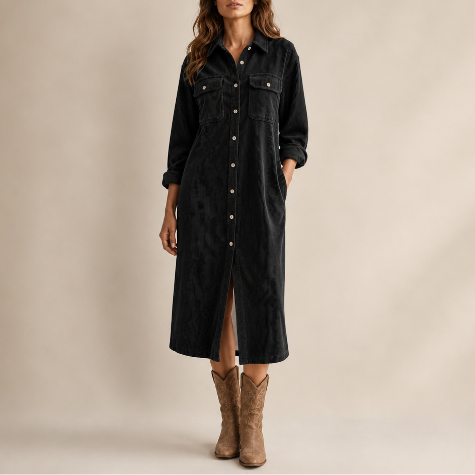 Lavinia | Women's Ribbed Corduroy Button-Front Shirt Dress