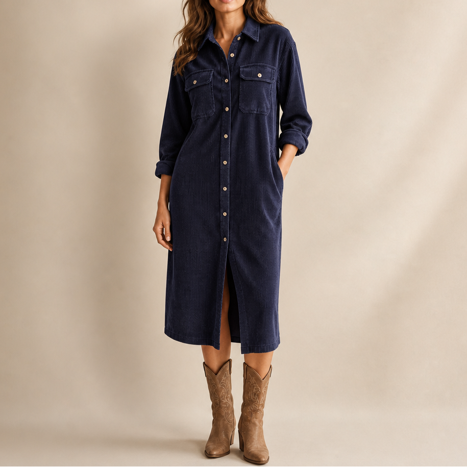 Lavinia | Women's Ribbed Corduroy Button-Front Shirt Dress