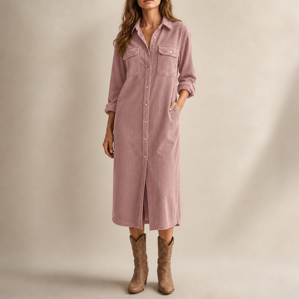 Lavinia | Women's Ribbed Corduroy Button-Front Shirt Dress